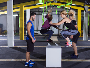 Image showing athletes working out  jumping on fit box