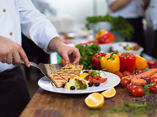 Image showing cook chef decorating garnishing prepared meal