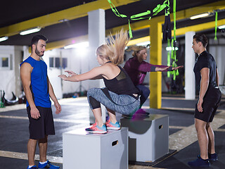 Image showing athletes working out  jumping on fit box