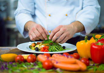 Image showing cook chef decorating garnishing prepared meal