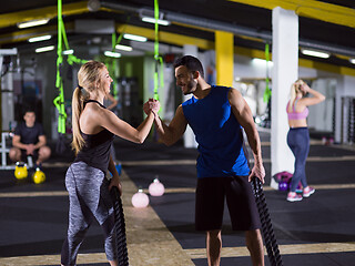 Image showing sports couple doing battle ropes crossfitness exercise