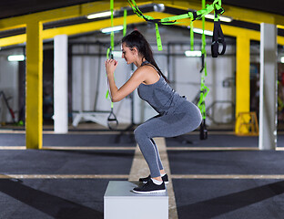 Image showing woman working out  jumping on fit box