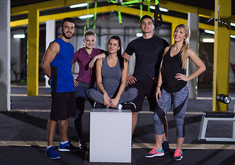 Image showing portrait of athletes working out  jumping on fit box