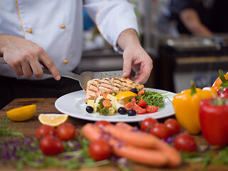 Image showing cook chef decorating garnishing prepared meal