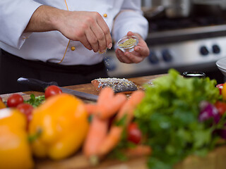 Image showing Chef hands preparing marinated Salmon fish