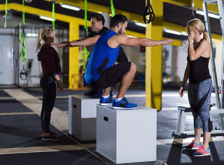 Image showing athletes working out  jumping on fit box