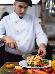 Image showing cook chef decorating garnishing prepared meal