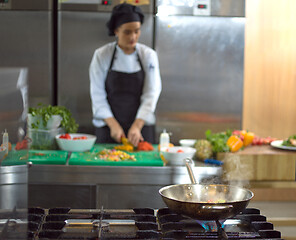 Image showing Chef cutting fresh and delicious vegetables