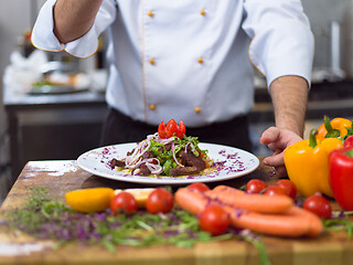 Image showing cook chef decorating garnishing prepared meal