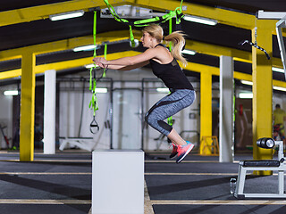 Image showing woman working out  jumping on fit box