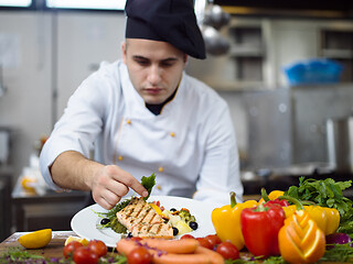 Image showing cook chef decorating garnishing prepared meal