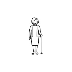 Image showing Pensioner woman with cane hand drawn outline doodle icon.