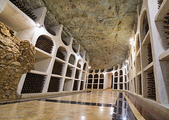 Image showing Wine bottles storage in winery