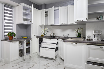 Image showing Minimalistic modern white kitchen interior details