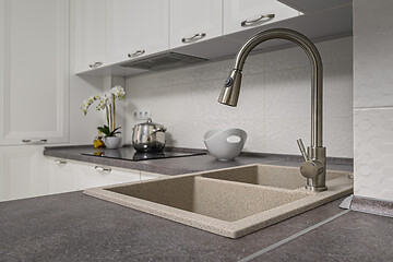 Image showing Closeup of minimalistic white kitchen furniture