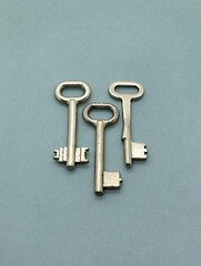 Image showing Several old metal keys on green background