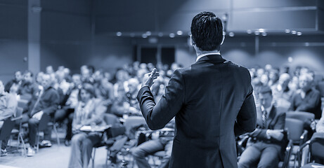 Image showing Speaker giving a talk at business conference meeting.
