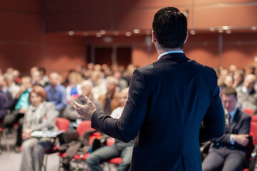 Image showing Public speaker giving talk at business event.