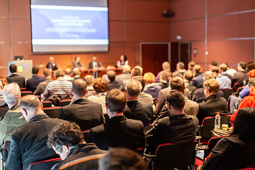 Image showing Round table discussion at business conference event.