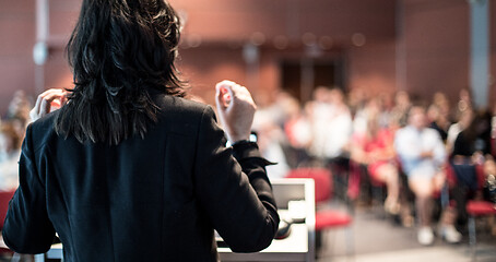 Image showing Public speaker giving talk at Business Event.