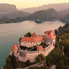 Image showing Aerial view of Lake Bled and the castle of Bled, Slovenia, Europe. Aerial drone photography