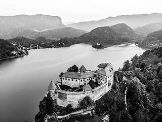 Image showing Aerial view of Bled Castle overlooking Lake Bled in Slovenia, Europe