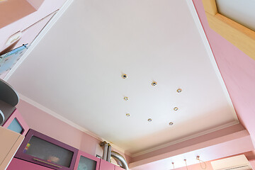 Image showing Stretch matte ceiling in the interior of the kitchen, the light is off