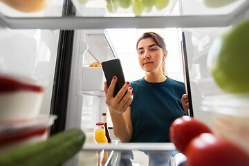 Image showing woman with smartphone makes list of food in fridge