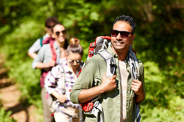 Image showing group of friends with backpacks hiking in forest