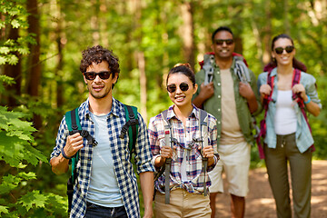 Image showing group of friends with backpacks hiking in forest