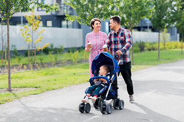 Image showing family with baby in stroller and coffee in city