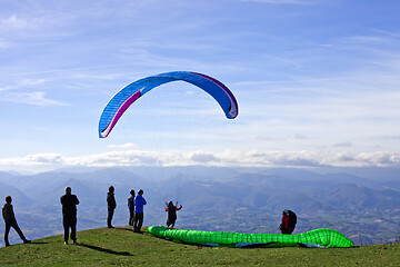 Image showing Monte San Vicino, Italy - November 1, 2020: Paragliding in the m