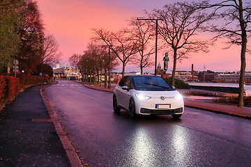 Image showing Vokswagen ID3 electric car driving on beautiful morning