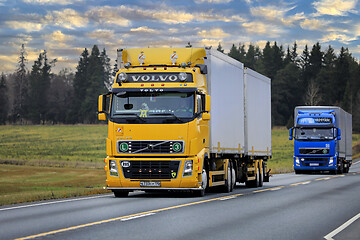 Image showing Volvo Trucks Road Transport at Dusk
