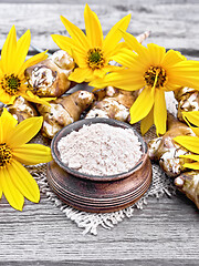 Image showing Flour of Jerusalem artichoke in bowl on napkin