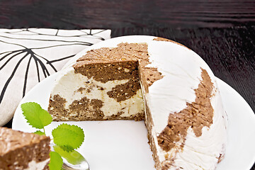 Image showing Dessert of curd and chocolate a plate on dark board