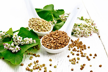 Image showing Buckwheat brown and green in spoons on light board