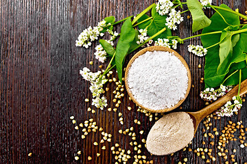 Image showing Flour buckwheat green in bowl with flowers on dark board top