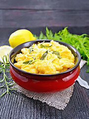 Image showing Gnocchi pumpkin with sage in bowl on board