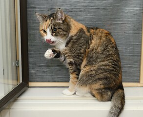 Image showing cat is washed on the windowsill