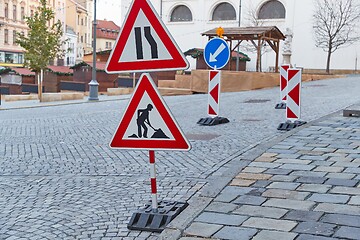 Image showing Urban construction site with warning signs