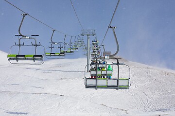 Image showing Ski lift in falling snow