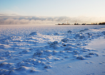 Image showing winter view of Lake Onega and the port