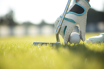 Image showing Hand in glove placing golf ball on tee