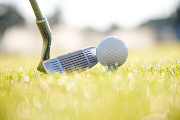 Image showing Golf ball on tee in front of driver