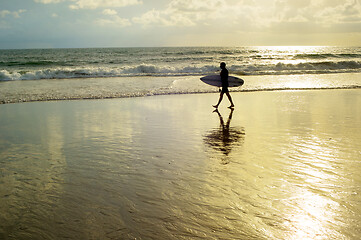 Image showing Surfer walking on the beach