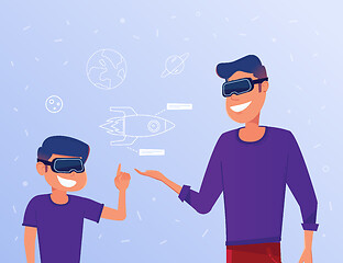 Image showing Caucasian man and kid in VR headsets studying a virtual rocket.