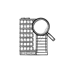 Image showing Office building with magnifying glass hand drawn outline doodle 