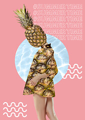 Image showing Modern Art Collage. Girl with pineapple head