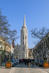 Image showing Budapest, HUNGARY - FEBRUARY 15, 2015 - Street with tower of St. Matthias Church in Budapest